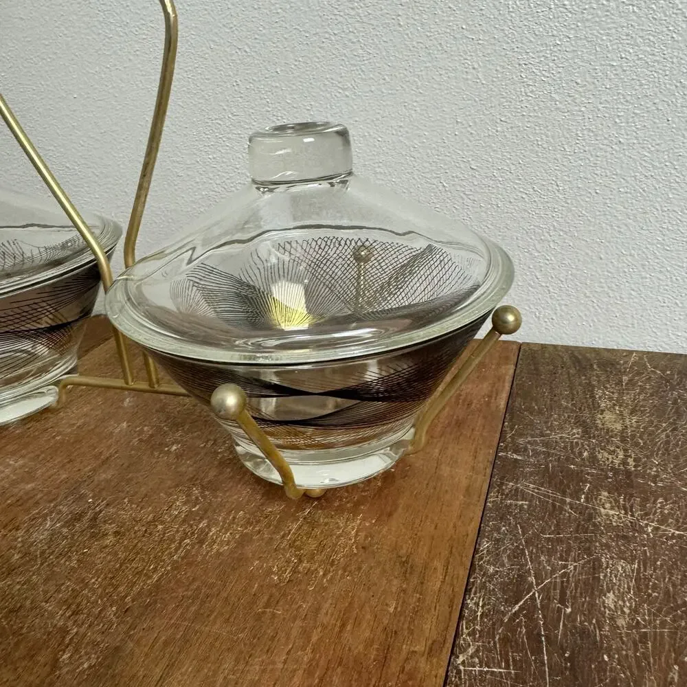 MCM Vintage Retro black gold design glass condiment dishes with‎ metal holder